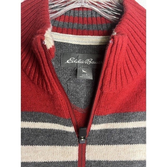 EDDIE Bauer Wool Blend Sweater 1/4 Zip up Large Red Stripes - Picture 5 of 9